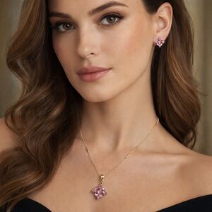Elegant 14k Gold Plated Pink Gemstone Necklace and Earring Set